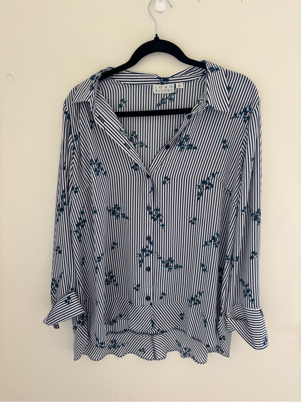 Joan Rivers Navy & White Striped Floral Button-Up Blouse